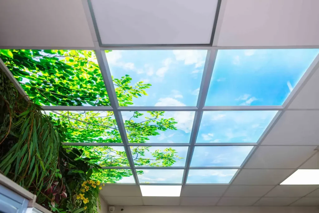 ’installation des dalles lumineuses plafond, le hall d’accueil d’Espace Entreprise Montpellier