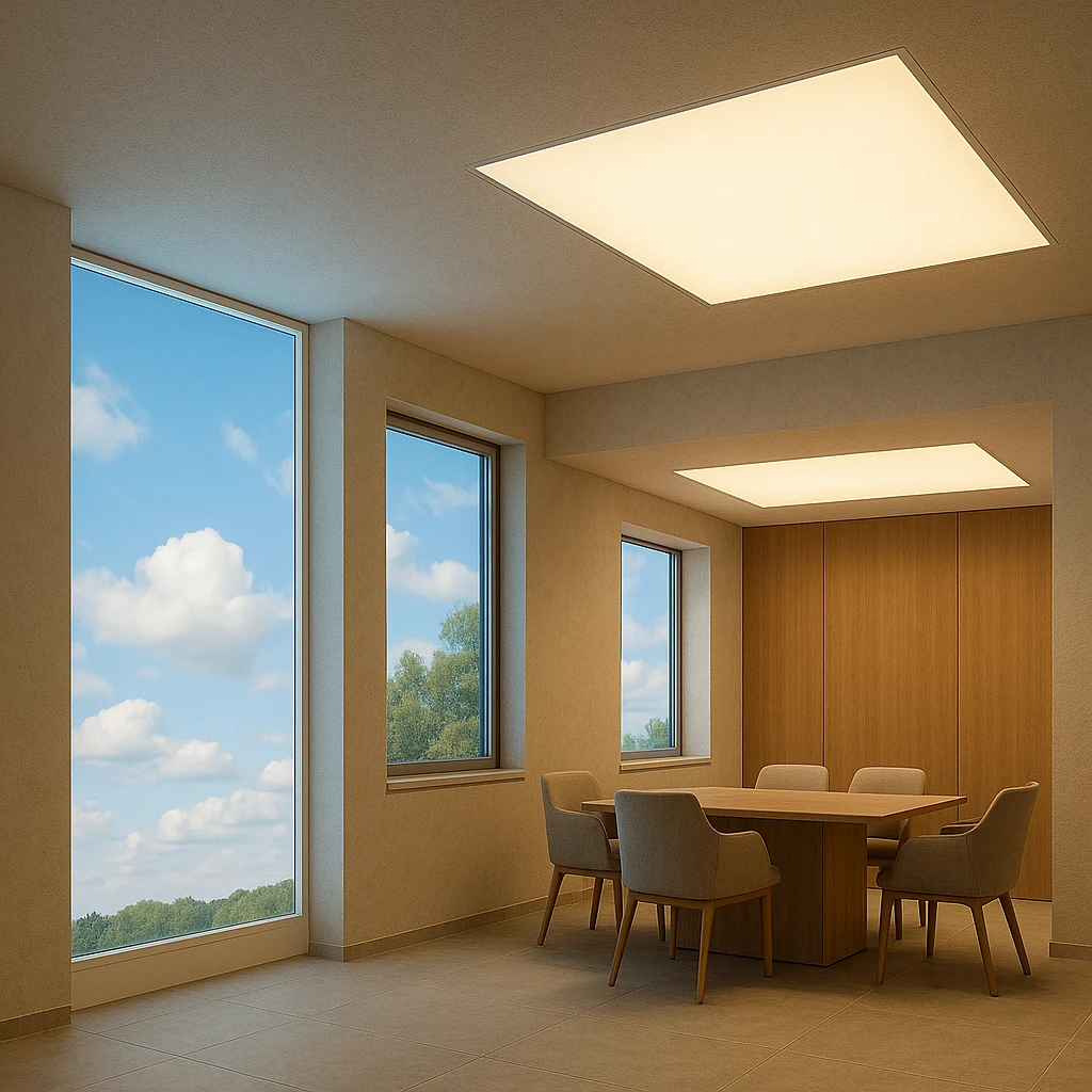 Salle de réunion moderne équipée d’un plafond lumineux et de fausses fenêtres rétroéclairées simulant une vue naturelle, solution Lightmann pour améliorer un espace clos.